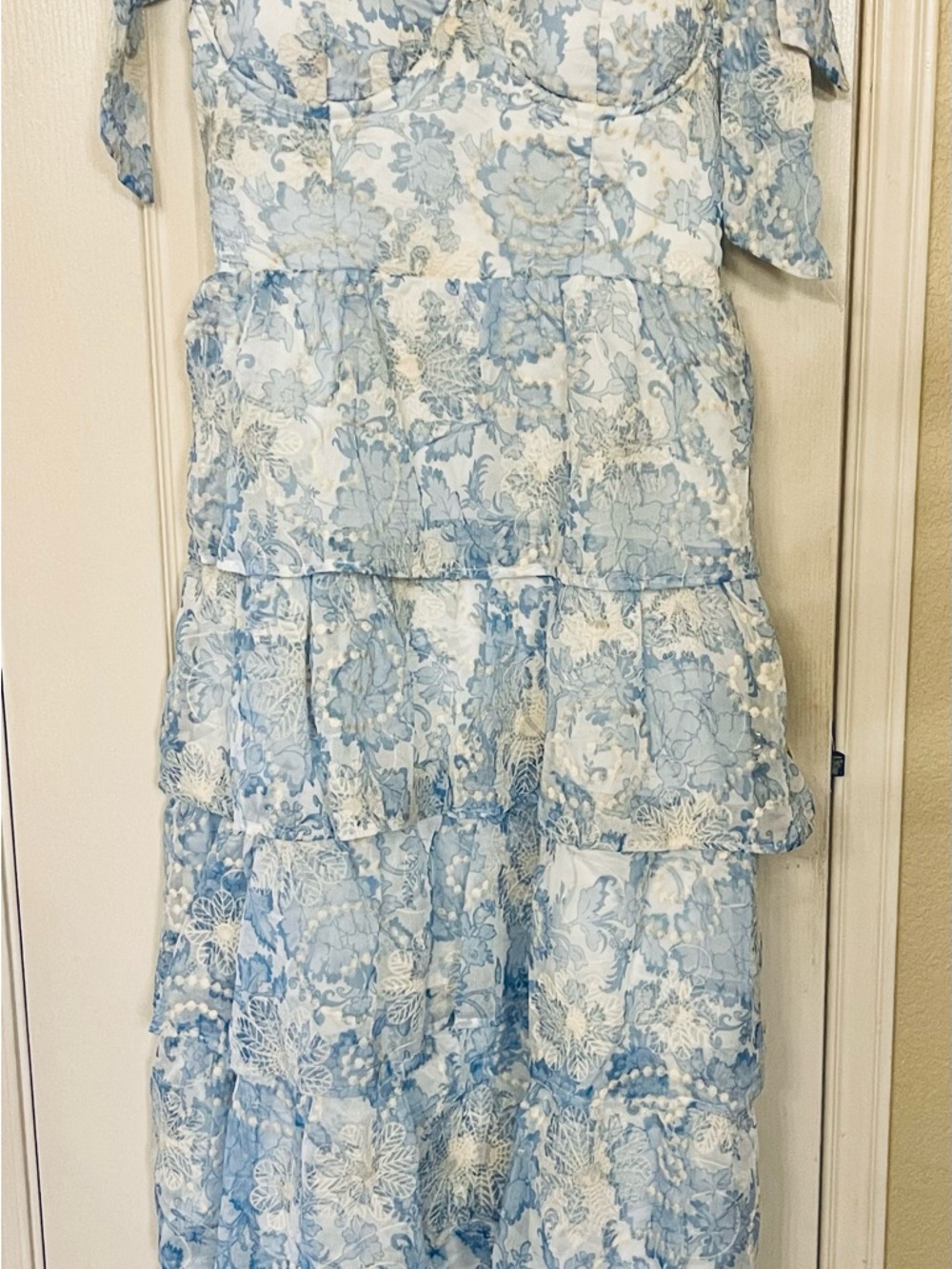 💙 EVENUEL Blue Toile Bustier Midi Dress NWT Cottagecore Romantic Bow Strap 💙 - Picture 2 of 3